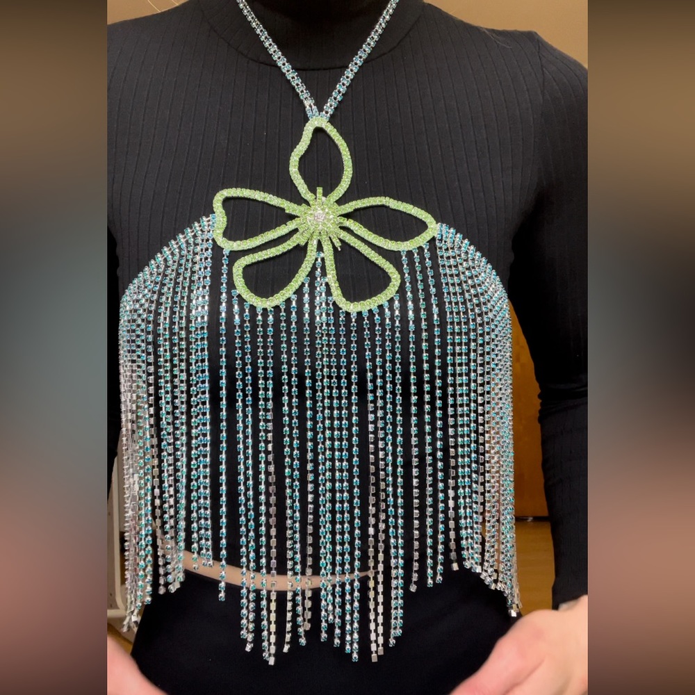 Blue & Green Rhinestone Flower Halter Top